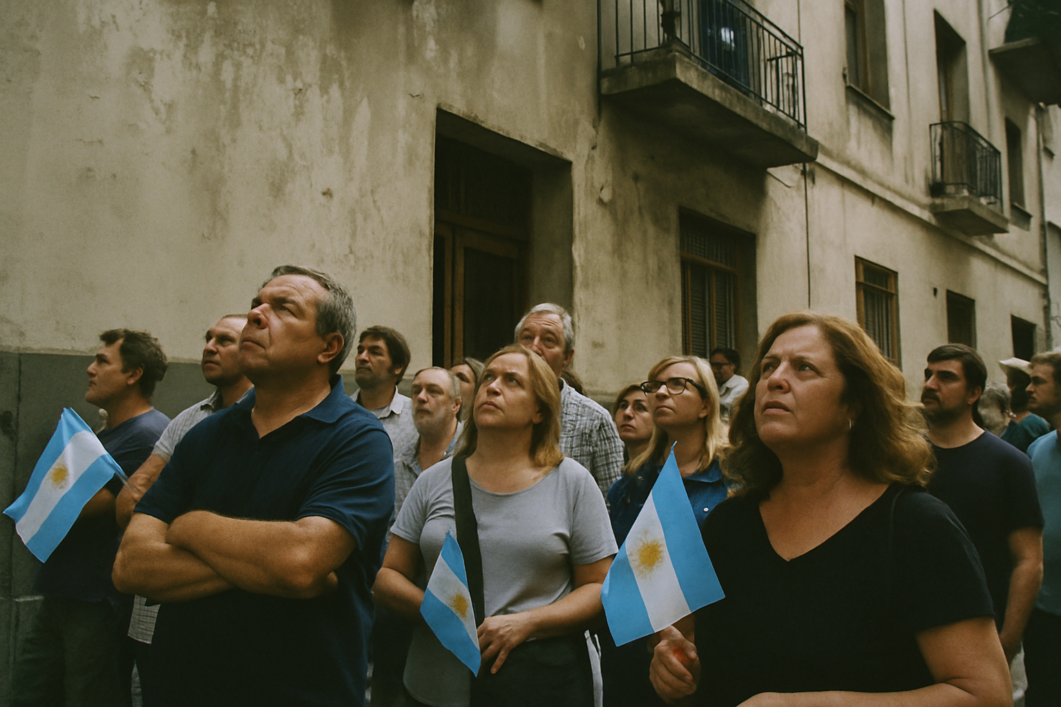 Grupo de personas mira hacia un balcón en una calle porteña con banderas argentinas pequeñas