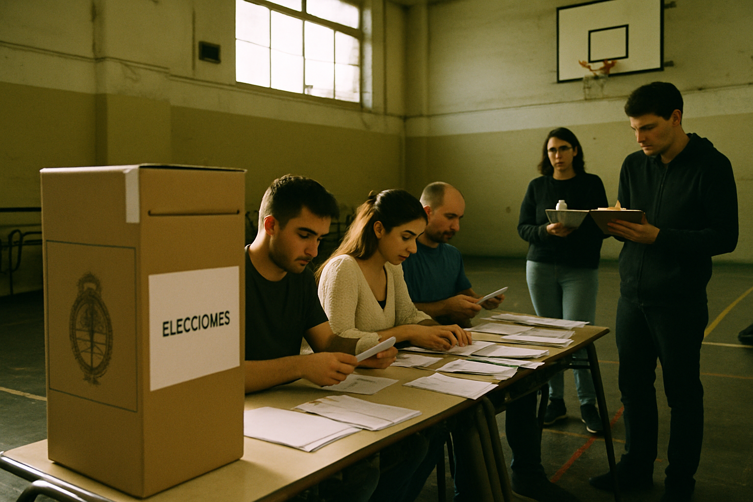 Fiscales partidarios revisan urnas y boletas en un cuarto oscuro de escuela pública.