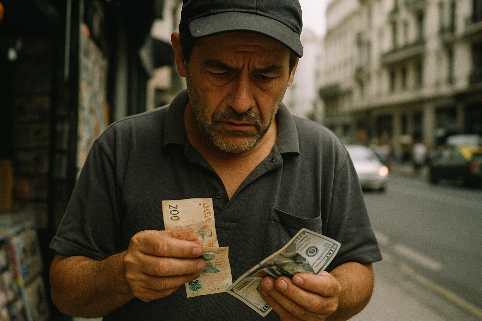 Un vendedor ambulante cuenta pesos y dólares en una calle de Buenos Aires