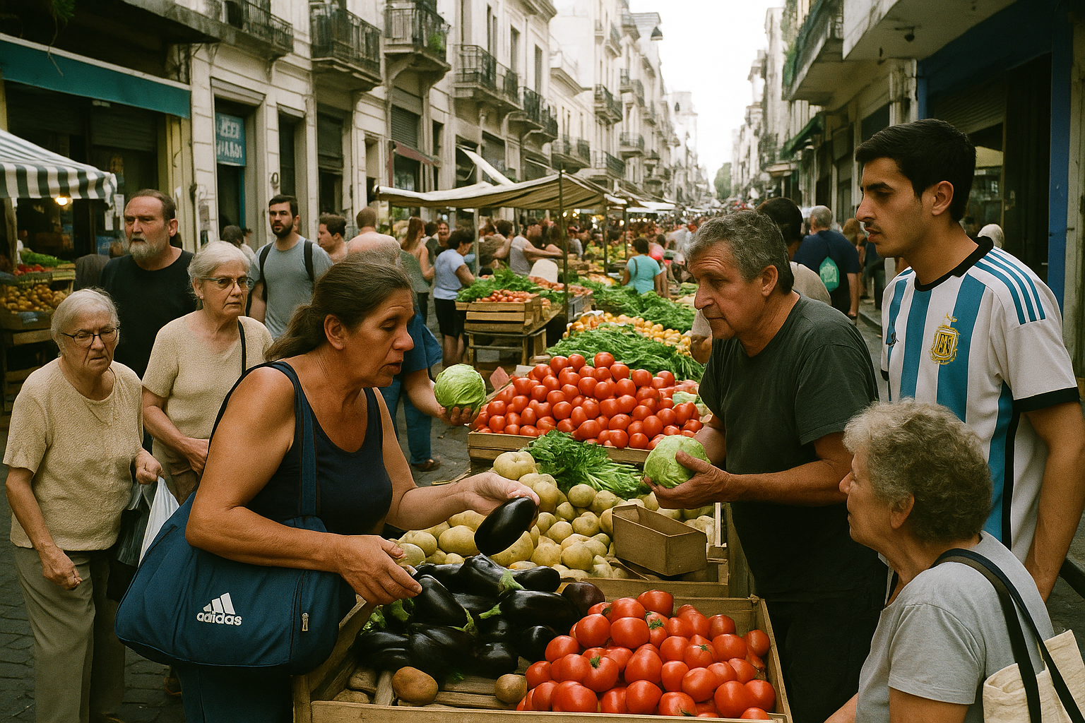 Un mercado en Buenos Aires lleno de gente comprando frutas y verduras.