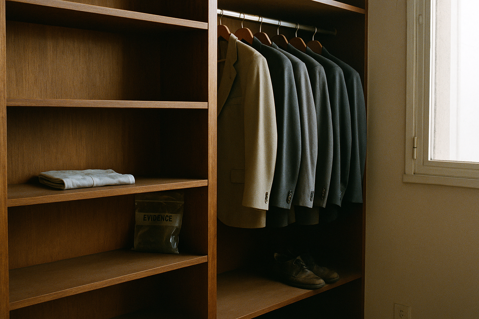 Vestidor doméstico con estantes de madera, trajes colgados y una bolsa de evidencia judicial sobre un estante bajo.