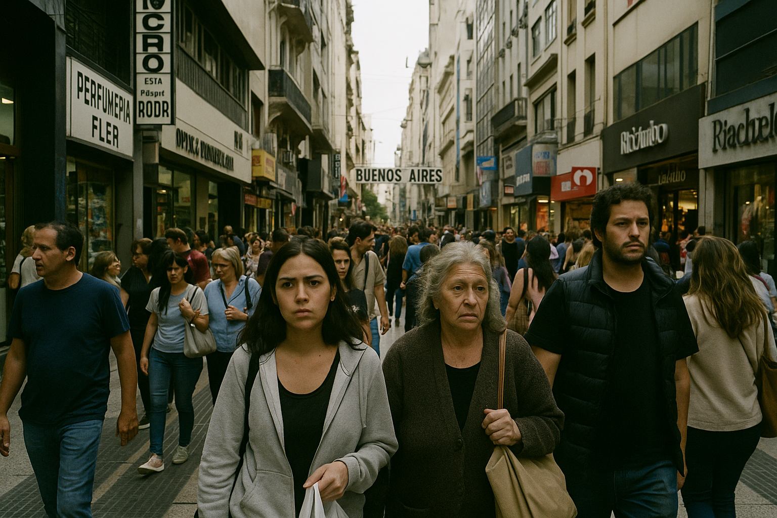 Personas caminando y comprando en una calle de Buenos Aires