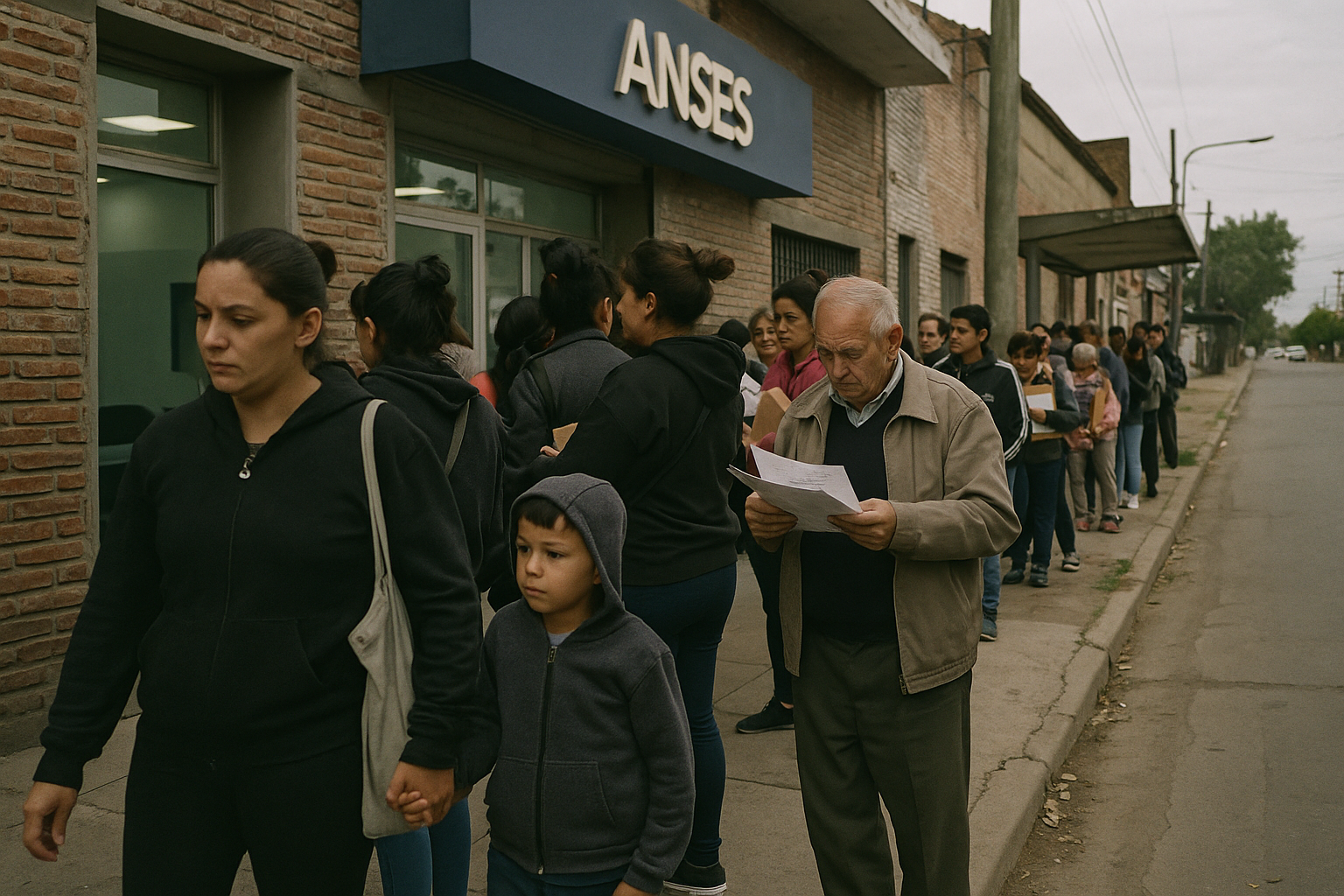 Funcionario municipal entrega formularios a beneficiarios en fila frente a ventanilla