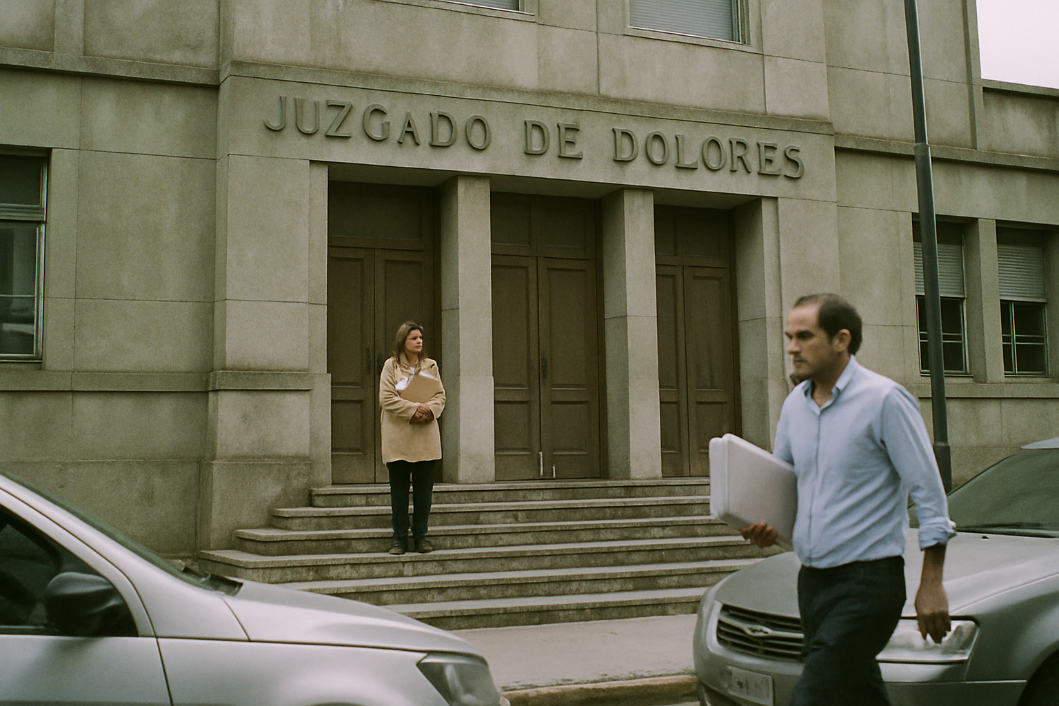 Banco de madera vacío en el pasillo de un tribunal provincial con luz de tarde