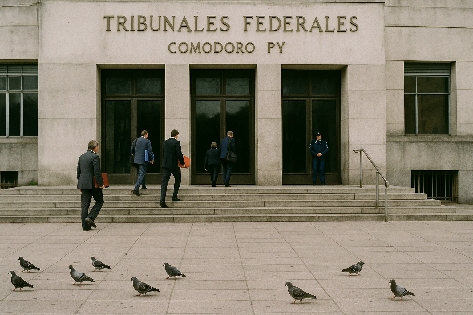 Fachada del edificio de Tribunales federales de Comodoro Py con abogados subiendo la escalinata