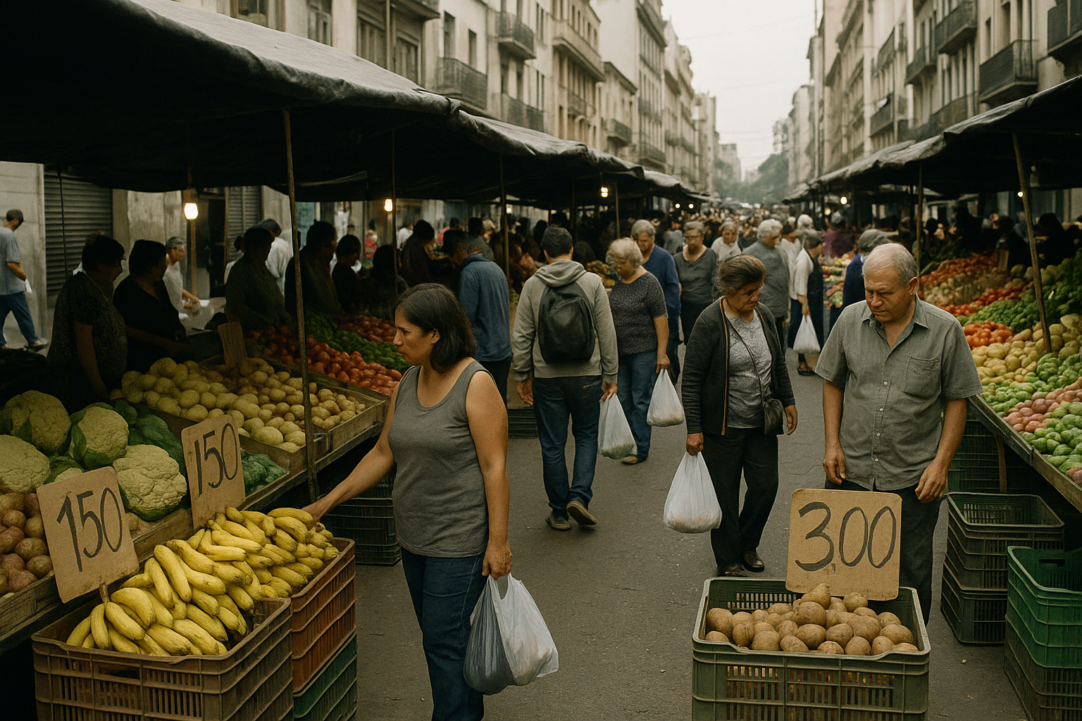 Vendedores y compradores en un mercado callejero latinoamericano con precios escritos a mano en cartones.