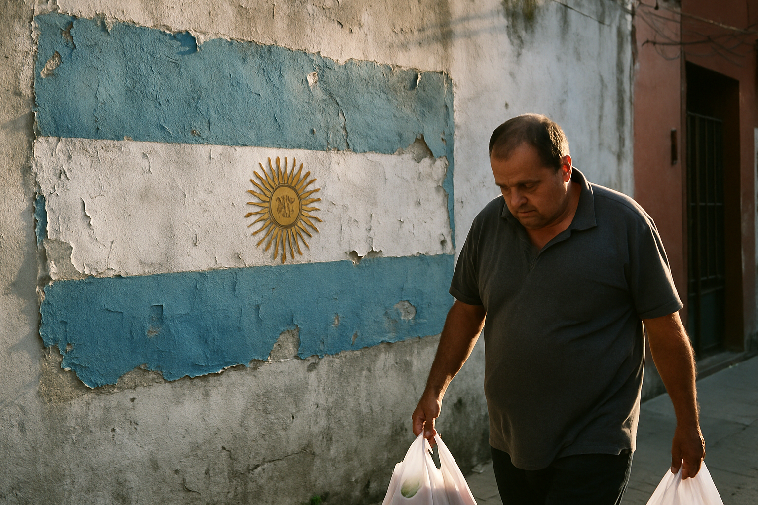 Bandera argentina pintada en pared de barrio porteño, hombre pasa con bolsas de compras