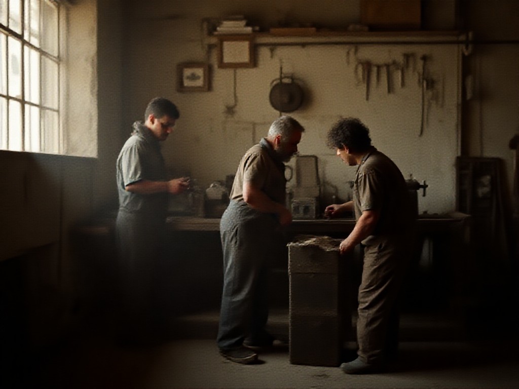 Tres operarios trabajando en un pequeño taller metalúrgico del conurbano bonaerense durante la jornada.