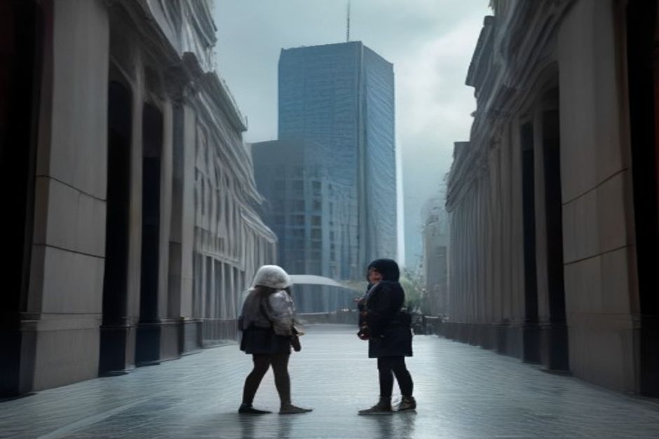 Dos empleados caminan por el hall del Banco Central de la República Argentina con carpetas