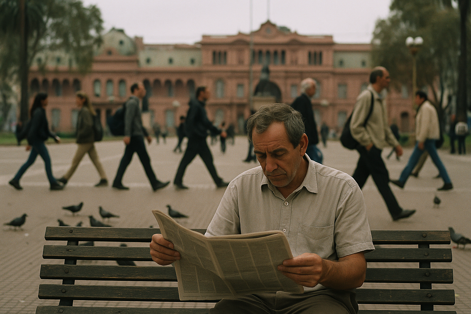 Un hombre lee el diario en un banco de Plaza de Mayo con la Casa Rosada al fondo.