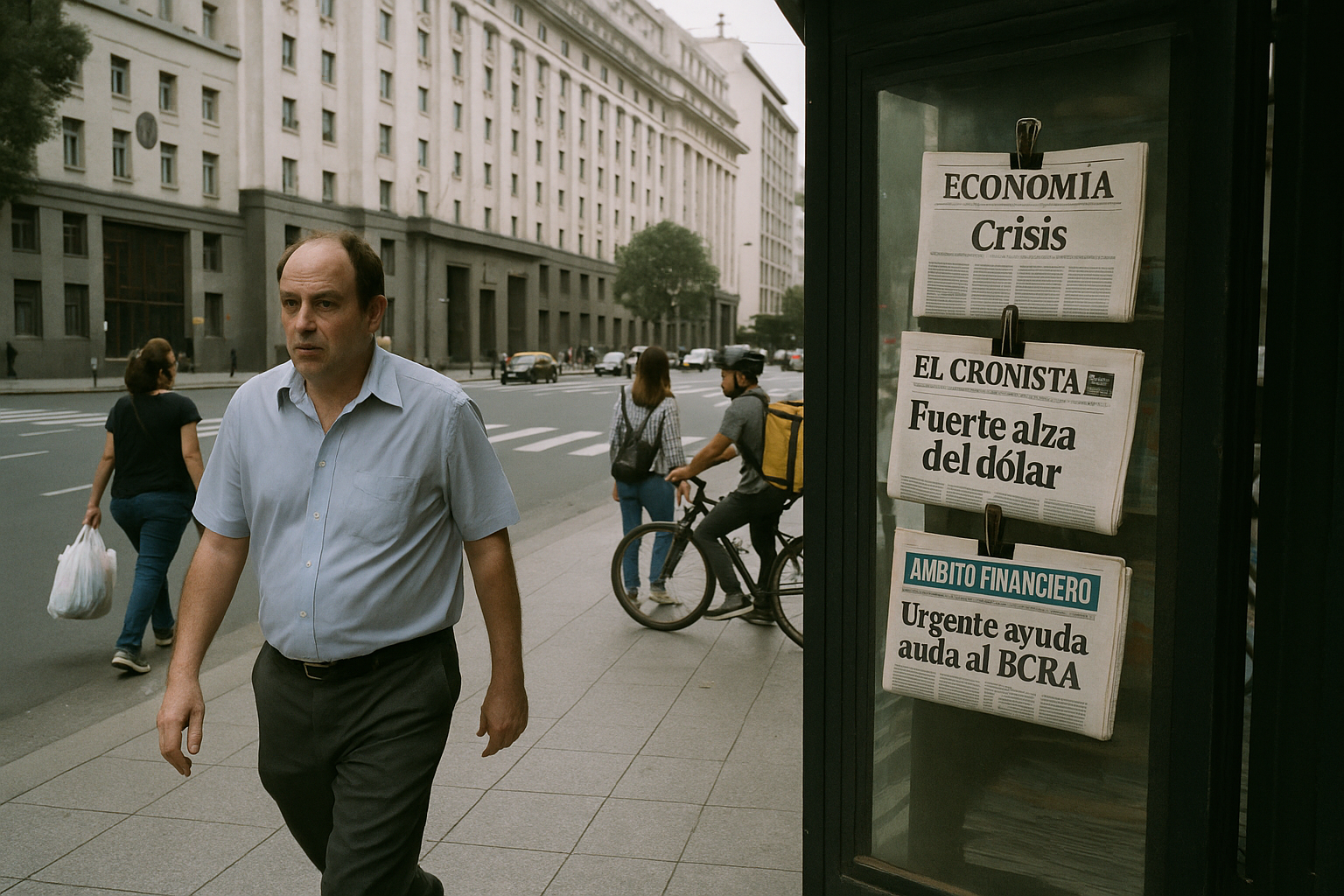 Funcionario revisa documentos presupuestarios frente a edificio gubernamental porteño