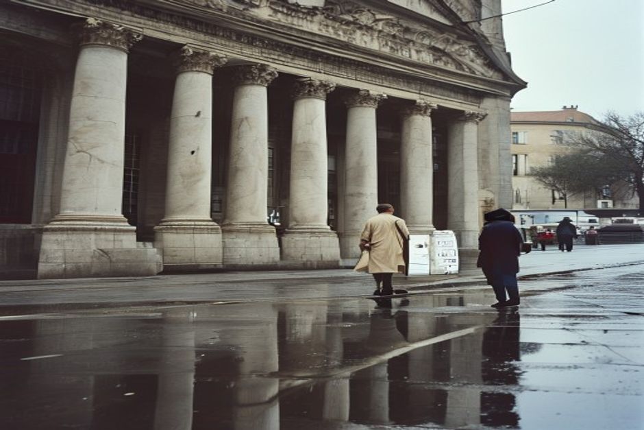 Empleados salen del edificio del Senado argentino por una entrada lateral en una tarde nublada.