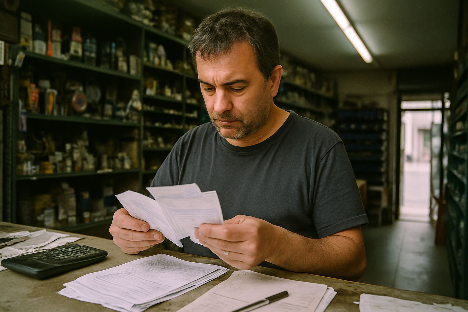 Dueño de ferretería porteña revisa boletas impositivas sobre el mostrador del local.