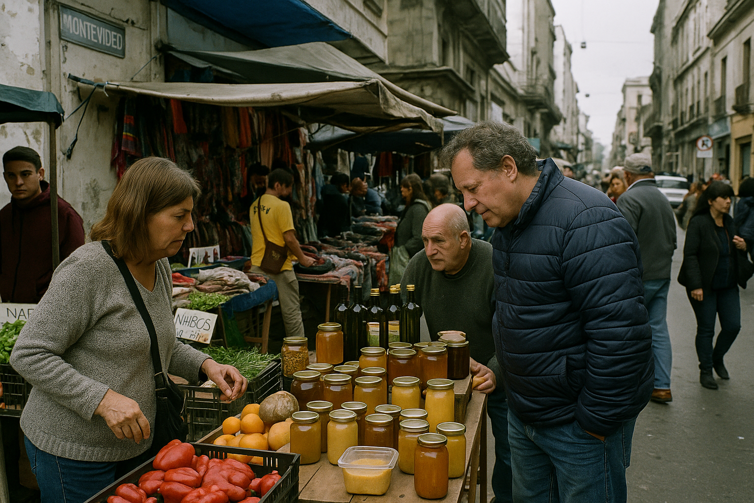 Vendedores en un mercado de Montevideo interactuando con clientes en un ambiente cotidiano.