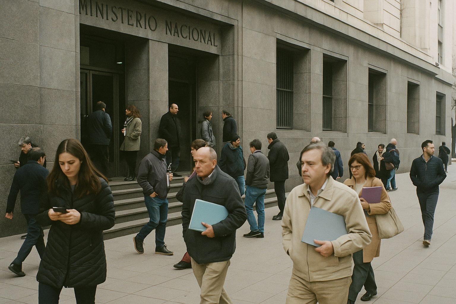 Empleados estatales entran y salen de un edificio ministerial en el centro de Buenos Aires bajo cielo nublado.